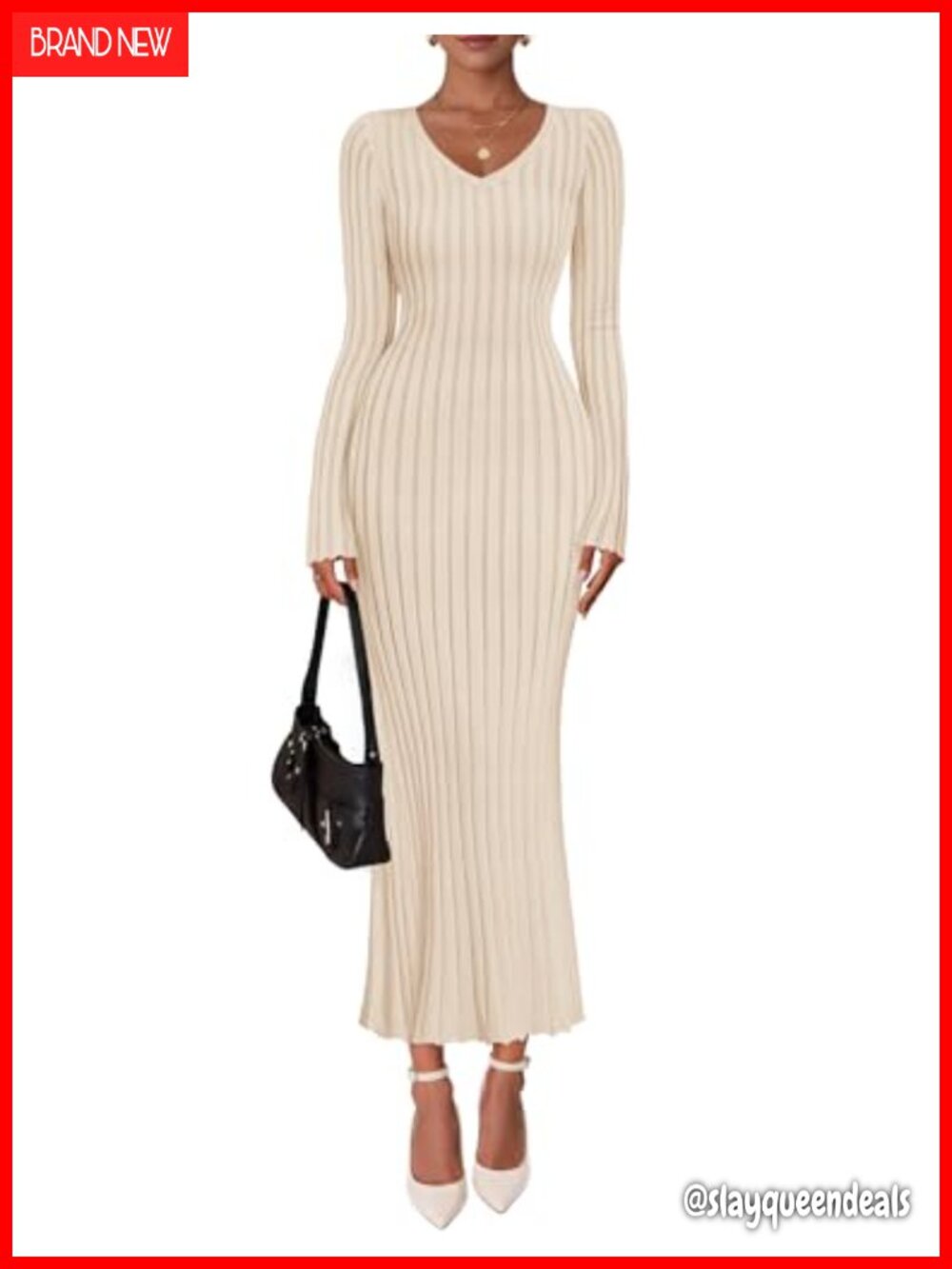 Long Sleeve V Neck Ribbed Knit Bodycon Maxi Sweater Dress